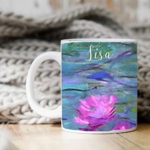 Monet water lily mug, can be personalized, custom name mug, art coffee cup, gift mug