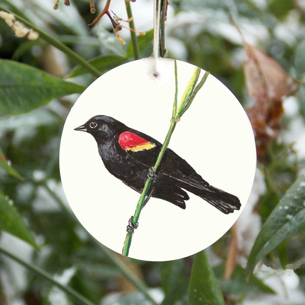 Blackbird ornament, realistic red winged blackbird, personalized ornament, songbird, birdwatcher gift, nature, wildlife, cottagecore style