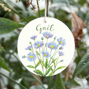 September birth month flower ornament, aster ornament, customizable, personalized, blue aster flowers, September birth flower gift, for tree