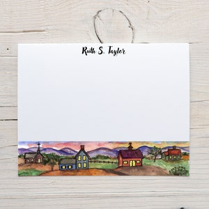 Personalized mountain, farm, village stationery, early American style stationery, unique personalized gift, flat cards with envelopes