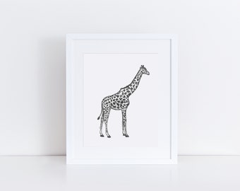 Giraffe print, black and white giraffe, minimalist giraffe art, giraffe painting, giraffe decor, safari nursery wall art, safari animals