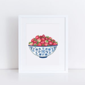 Strawberries in a Delft bowl, strawberry print, fruit print, botanical art, strawberry wall decor, kitchen decor, wall art, watercolor