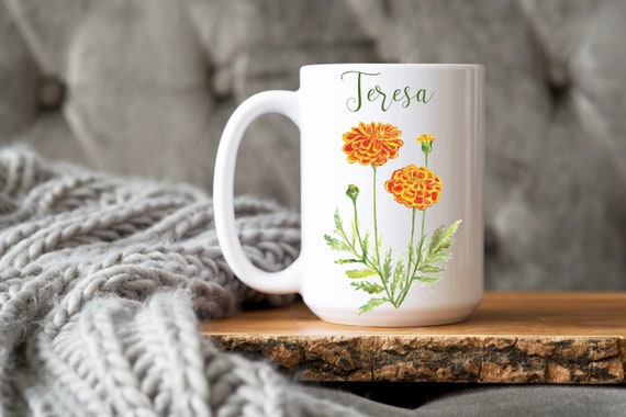 October birth flower mug, marigold mug, can be personalized, custom name mug, orange flowers, birthday gift