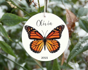 Monarch butterfly Christmas tree ornament, can be personalized name and year, nature gift, orange butterfly Christmas ornament, realistic