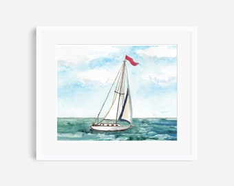 Sailboat print, white sailboat painting, nautical wall art, nautical nursery, coastal decor, lake house wall art, sailing, sailboat art