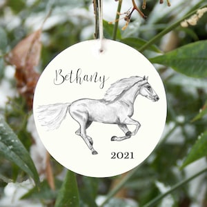Personalized horse ornament, horse galloping ornament, for horse lovers, riders, girls, white horse name ornament, Christmas decoration