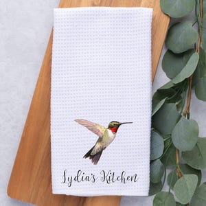 Personalized hummingbird kitchen dish tea towel, housewarming gift, nature wildlife, bird, custom name towel, ruby throated hummingbird
