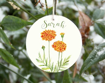October birth month flower ornament, customizable, marigold flower ornament, October flower, marigold Christmas ornament, personalized, gift