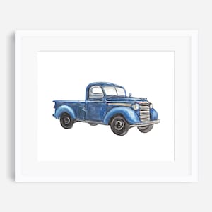 May include: A vintage blue pickup truck with a white cab and a wooden bed. The truck has a chrome bumper and grill, and the wheels are black with whitewall tires.