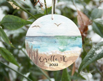 Beach scene ornament, porcelain beach landscape Christmas decoration, personalized, customizable, ocean and beach lover gift, sand and surf
