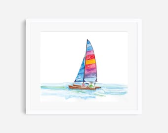 Sailboat print, colorful sailboat art, sailing decor, nautical nursery art, nautical wall art, coastal print, beach house wall art, lake