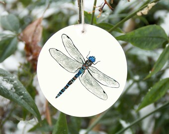 May include: A white round ornament with a hand-drawn illustration of a blue and brown dragonfly with clear wings.