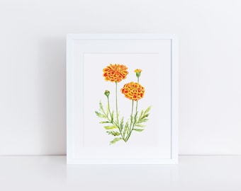 May include: A framed watercolor painting of orange and yellow marigolds with green stems and leaves.