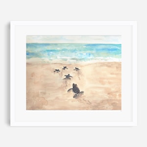 May include: Watercolor painting of a group of baby sea turtles making their way to the ocean. The turtles are black with light brown shells and are walking on a sandy beach. The ocean is in the background and is painted in shades of blue and green.