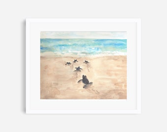 Sea turtles print, Sea turtles heading toward the ocean, hatchlings, beach wall art, beach house decor, ocean wildlife print