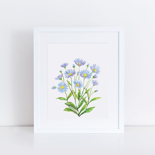 Aster print, blue aster flower painting, September birth flower print, botanical wildflower wall art, watercolor floral decor, nursery art