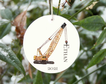 Personalized crane ornament, construction vehicle Christmas ornament, yellow crane name ornament, machine ornament for boys, boy name