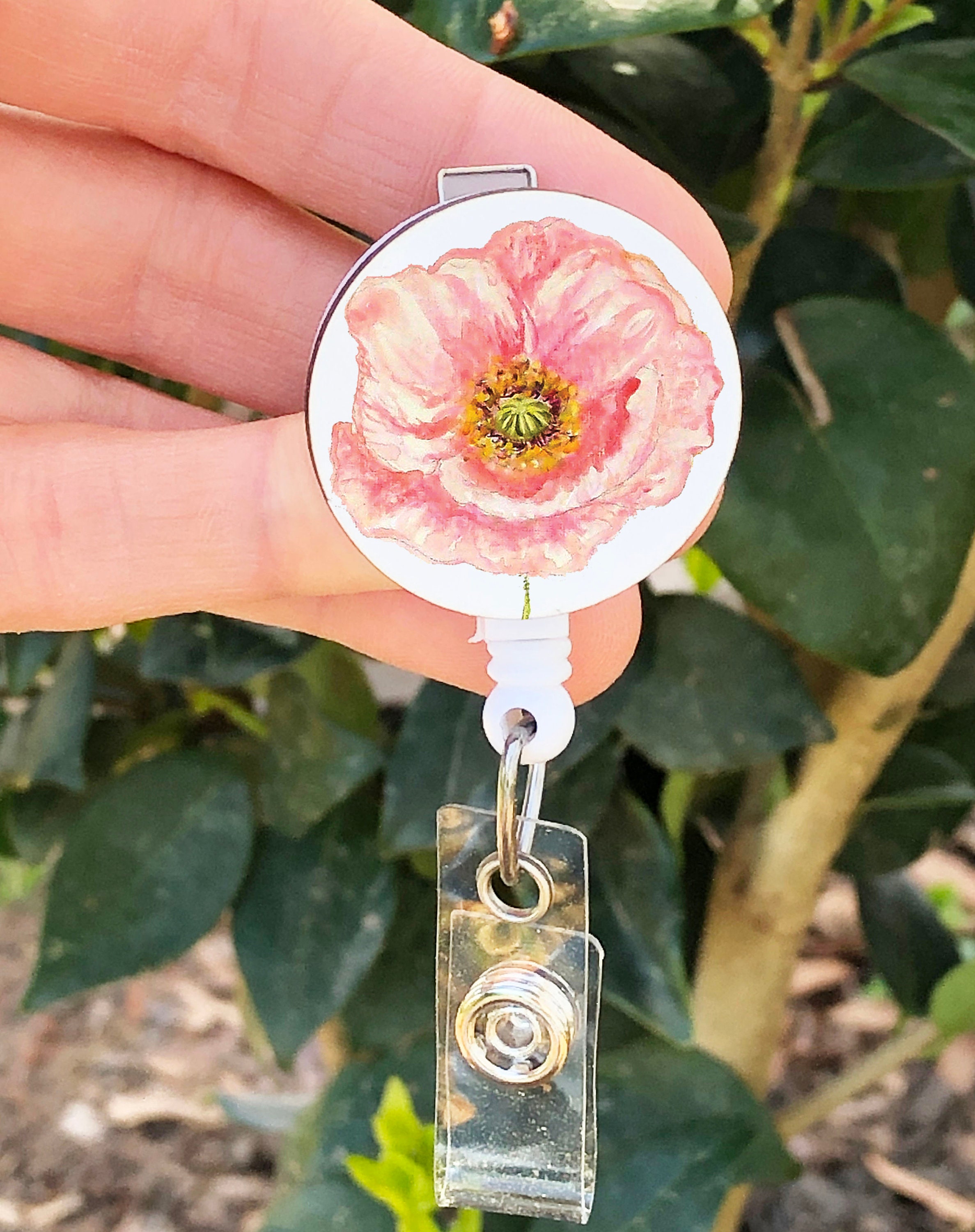 Poppy Flower Badge Reel, Poppy ID Holder, Pink Flower Badge Reel ...
