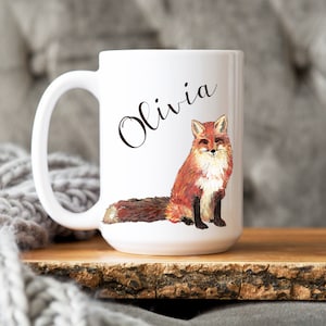 Fox mug, sitting fox, red fox, wildlife coffee cup, can be personalized, custom name mug, woodland animal, nature, gift