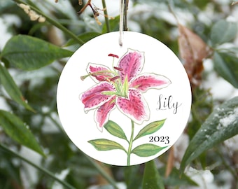 Lily ornament, personalized, customizable flower gift, flower ornament, stargazer lily, gardener gift, pink flower