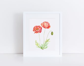 Poppy print, poppy painting, August birth flower print, nursery wall art, botanical print, wildflower decor, watercolor poppies, August gift