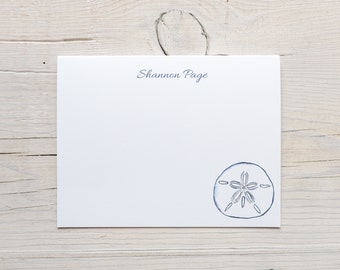 Cancelleria personalizzata in dollari di sabbia, notecard in dollari di sabbia, biglietti da spiaggia, biglietti per le note di conchiglia personalizzati, regalo da spiaggia, blu e bianco