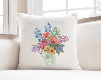 Wildflowers in a jar pillow, personalized throw pillow, floral pillow, farmhouse decor, bouquet, Mother's Day gift, flower print, baby gift