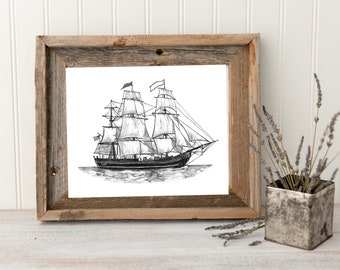 Ship print, ship painting, sailing ship print, vintage ship, ship wall art, nautical nursery art, nautical decor, black and white ship print