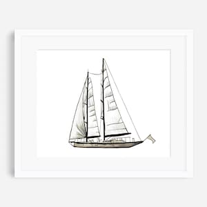 Sailboat print, black and white, monochrome sailboat painting, neutral, nautical wall decor, nautical nursery, office art, wall art