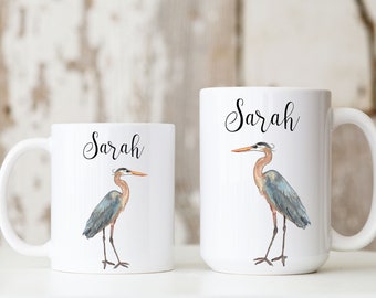Heron mug, can be personalized, custom name mug, great blue heron, lake house decor, birthday gift, for women, for men