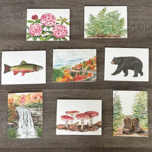 Cartes de correspondance sur la montagne, huit cartes avec enveloppes, paquet de papeterie, 5,5 x 4,25 pouces, cartes de voeux d'automne aquarelles, de Our State Magazine