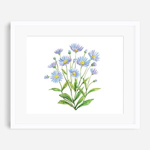 May include: A watercolor painting of a bouquet of light blue flowers with yellow centers. The flowers are arranged in a cluster with green stems and leaves.