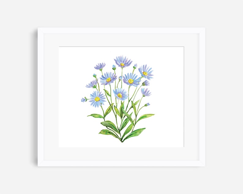 May include: A watercolor painting of a bouquet of light blue flowers with yellow centers. The flowers are arranged in a cluster with green stems and leaves.