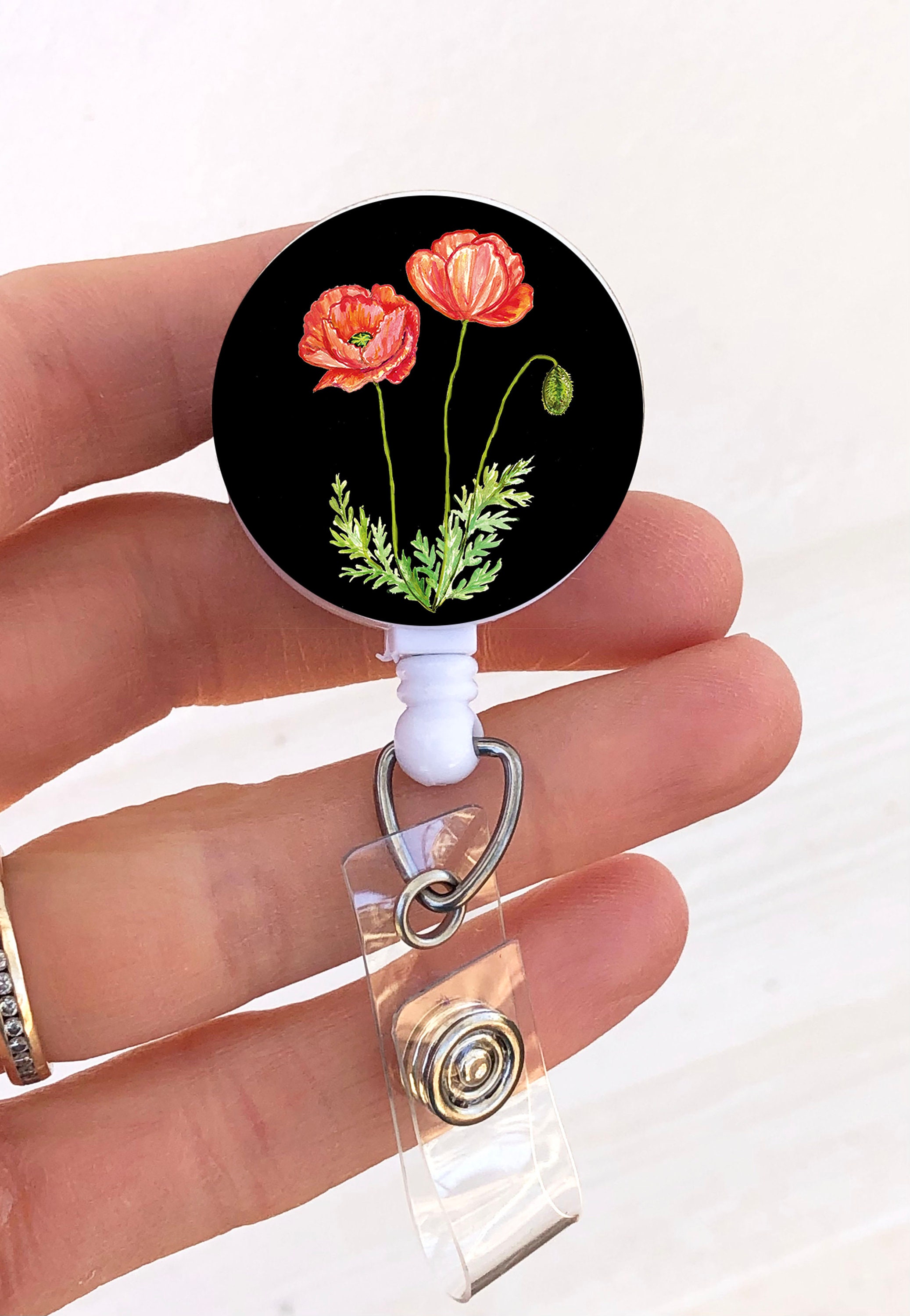 Poppy Badge Reel, August Birth Flower, ID Holder, Nurse, Medical Tech ...