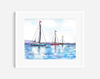 Sailboat print, 3 sailboats painting, impressionist sailboat, watercolor sailboat art, nautical wall art, nautical nursery art, sailing gift