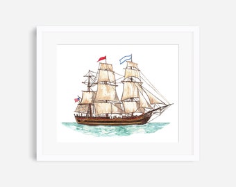 Ship painting, ship print, ship poster, vintage ship, tall ship, sailing ship print, sailing print, schooner print, nautical nursery art