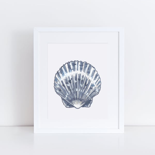 Blue scallop shell print, scallop shell painting, blue seashell print, beach nursery art, ocean nursery print, beach house decor, wall art