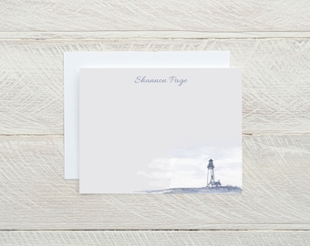 Papeterie phare personnalisée, cartes de correspondance de phare, jeu de cartes plates avec enveloppes, bleu et blanc, cartes de correspondance de plage, cadeau océan, plage