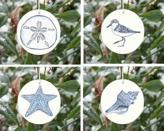 SET of 4 blue and white beach ornaments, sandpiper, conch shell, starfish, and sand dollar. Beach wedding gift, beach house decorations