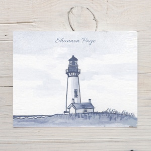 Lighthouse note cards, personalized lighthouse stationery, beach notecards, nautical, blue and white, folded cards with envelopes, gift