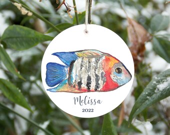 Tropical fish ornament, porcelain fish Christmas ornament, personalized, tropical Christmas decor, can be customized with name, year