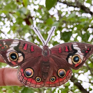 Op de afbeelding: Een bruine vlindersticker met rode, witte en blauwe markeringen. De vlinder heeft grote, ronde ogen met blauwe en gele centra.