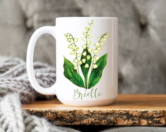 May birth flower mug, lily of the valley mug, can be personalized, custom name mug, birthday gift