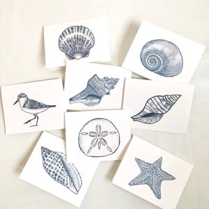 Seashell notecards, beach stationery, blue and white, sand dollar, starfish, sandpiper, conch shell, set of 8, blank inside, with envelopes