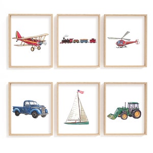 Vehicles nursery prints, set of 6, vehicles wall art, vehicles nursery, vehicles pictures for boys room, tractor, train, helicopter, truck