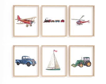 Vehicles nursery prints, set of 6, vehicles wall art, vehicles nursery, vehicles pictures for boys room, tractor, train, helicopter, truck
