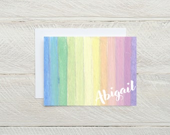 Pretty rainbow stripe personalized stationery for girls, personalized rainbow notecards, gift for girls, pastel rainbow cards, envelopes