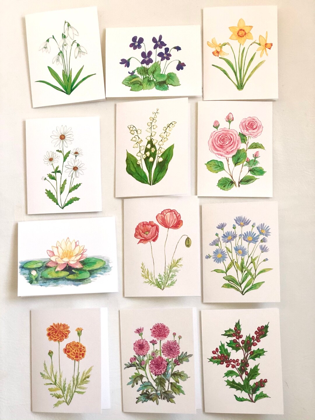 Birth Flower Notecards, Set of 12, Celebratory Month Flower Cards ...