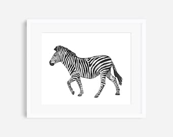 Estampa de zebra, pintura de zebra, ilustração de zebra, arte de parede de berçário de animais de safári, impressão de safári, decoração de zebra, arte de berçário de zoológico, preto e branco