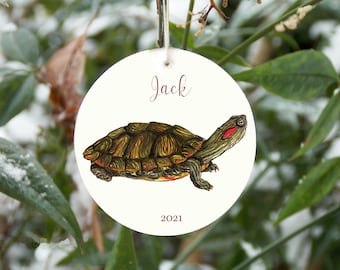 Red eared slider turtle ornament, can be personalized with name and year. Customizable turtle Christmas tree decoration, realistic turtle